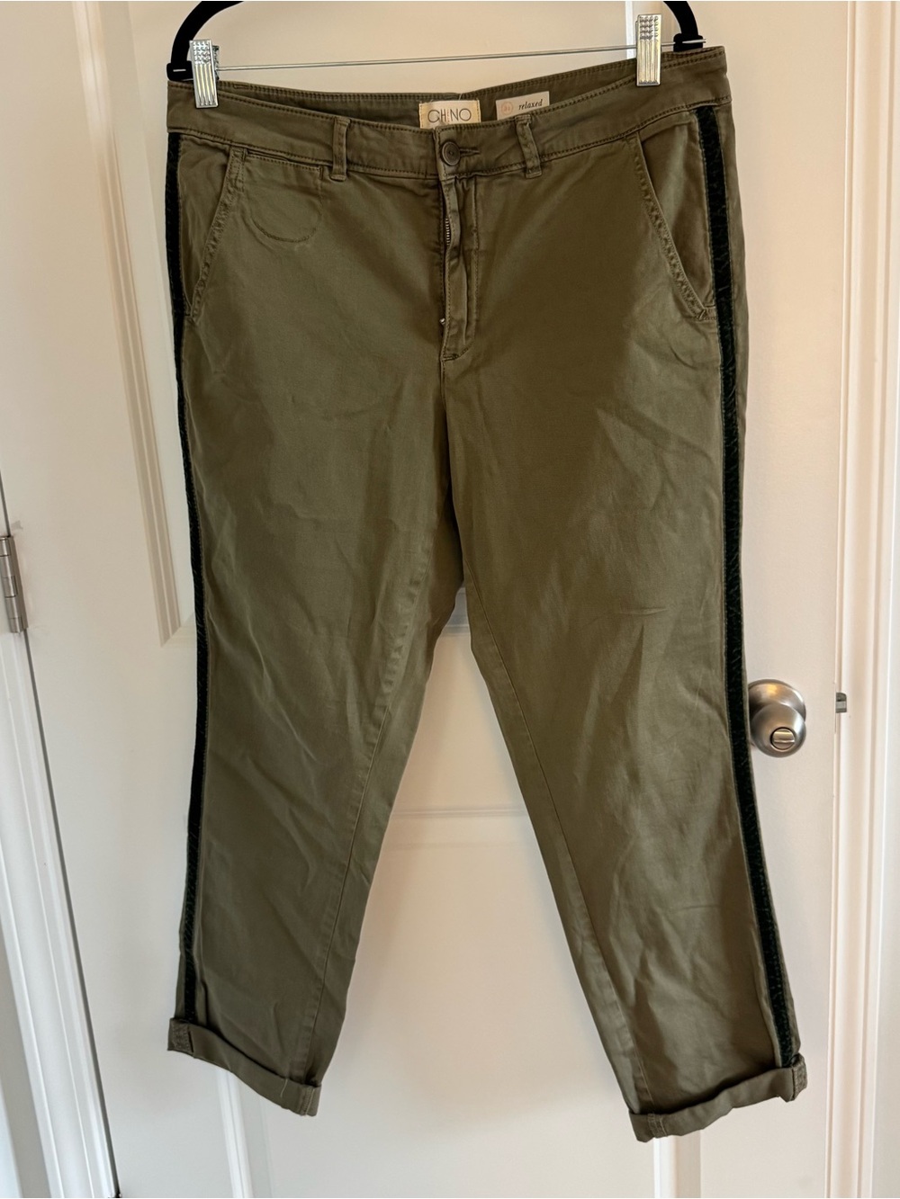 Anthropologie Olive Green Cropped Chino Pants with Black Side Stripe
